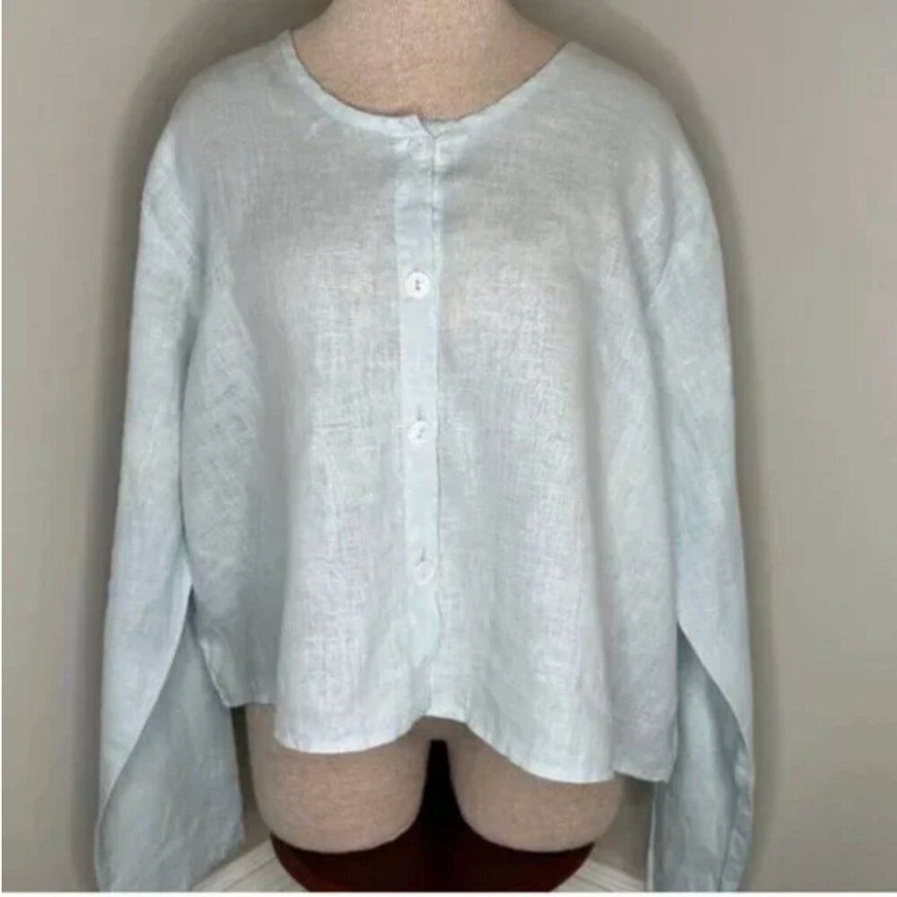 Flax Linen Boxy Button Front Lagenlook Boho Long Sleeve Short Top Size Large